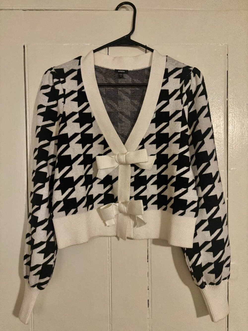 Express - Long-Sleeved Bow Cardigan, Black/White, Size M